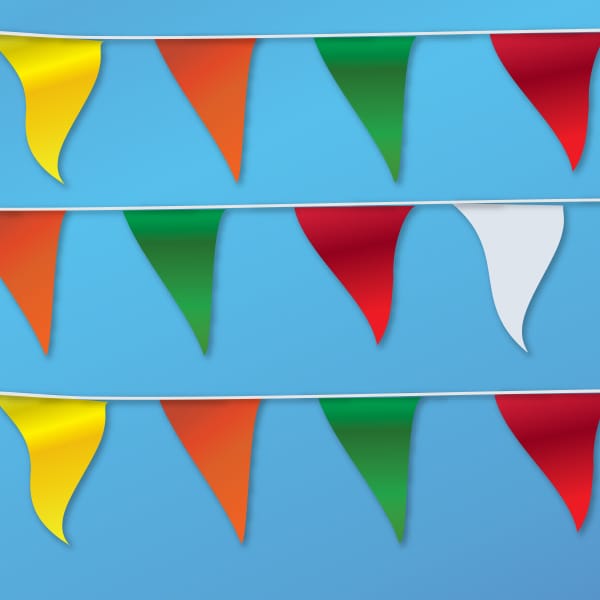 yellow, orange, green, red, and white pennants