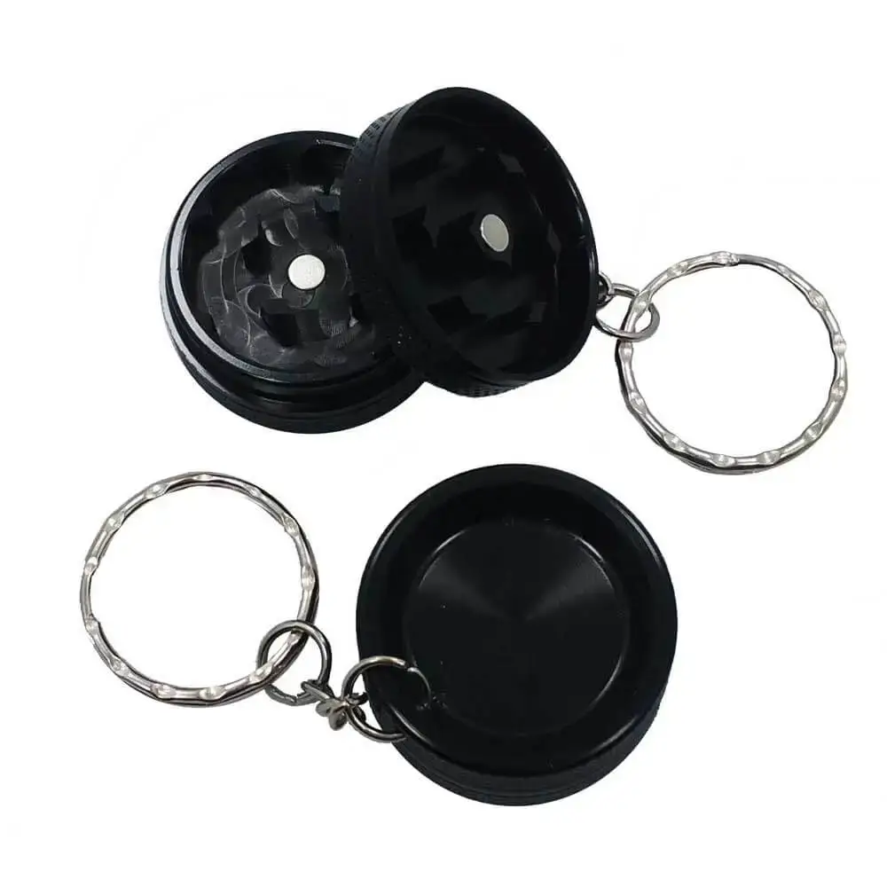 open and closed black keychain grinders